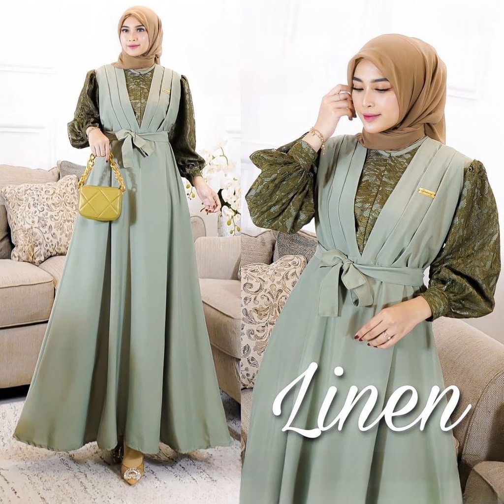 Jual Vallina Outfit Linen Maxy Dress Brokat Cornelli Gamis Wanita