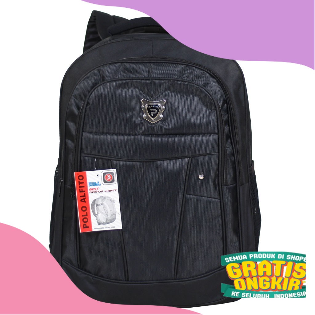 Jual Tas Ransel Laptop Polo Alfito Hitam Polos Sekolah Kerja Kuliah