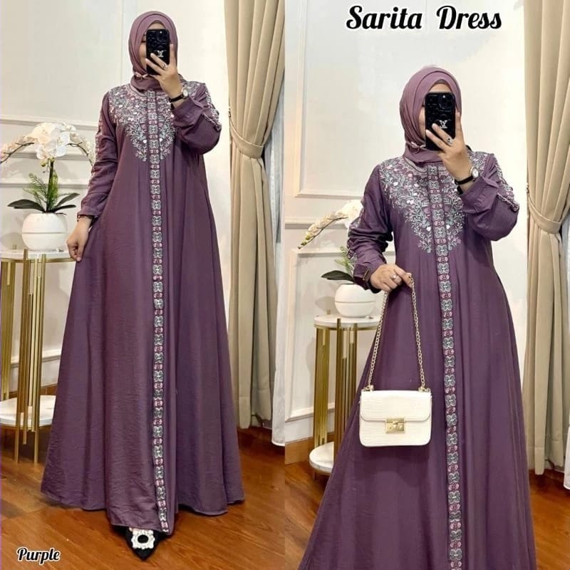 Jual COD Sarita Dress Maxy Gamis Muslim Wanita Matt Cringkle Polos