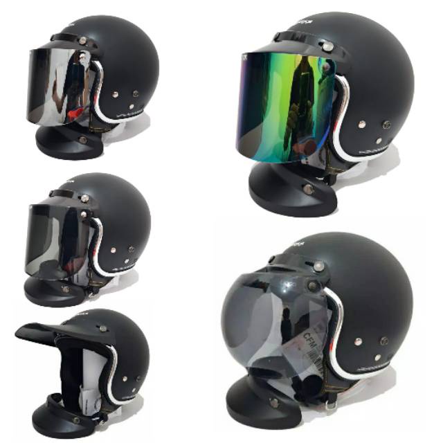 Jual Helm Cargloss Retro Hitam Doff List Chrome Paket Kaca Datar