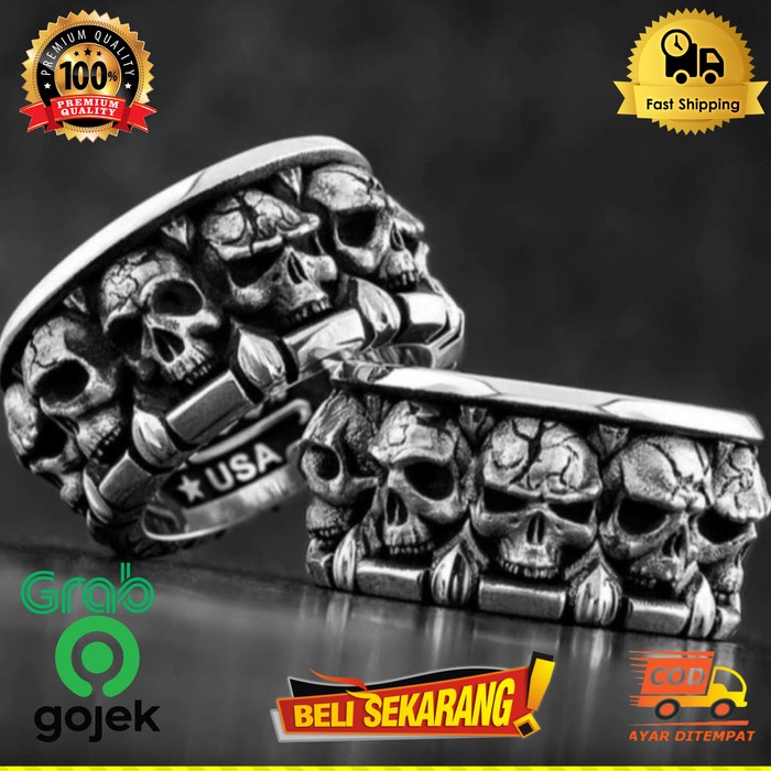 Jual Cincin Titanium Pria Silver Wajah Tengkorak Men Skull Ring Gothic