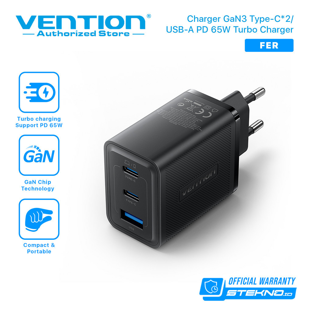 Jual Vention Adaptor Kepala Charger GaN USB A Type C 65W PD Fast