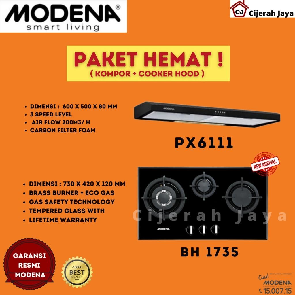 Jual PAKET MODENA KOMPOR TANAM GAS 3 TUNGKU BH 1735 COOKERHOOD MODENA