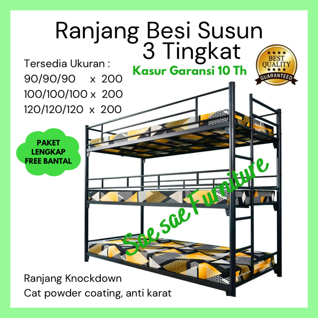 Jual PAKET Ranjang Besi Susun 3 Tingkat Kasur 90x200 100x200 120x200