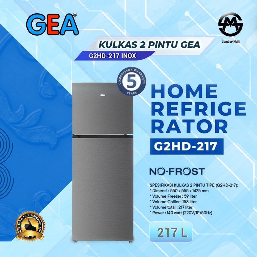 Jual GEA G2HD217 Kulkas 2 Pintu INOX 217L Refrigerator 2 Door G2HD