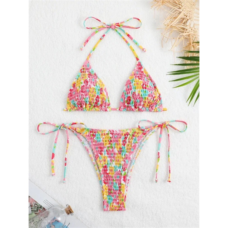 Jual PREORDER Sexy Micro Bikini 2024 Women Pink Floral Print Pleate Tie
