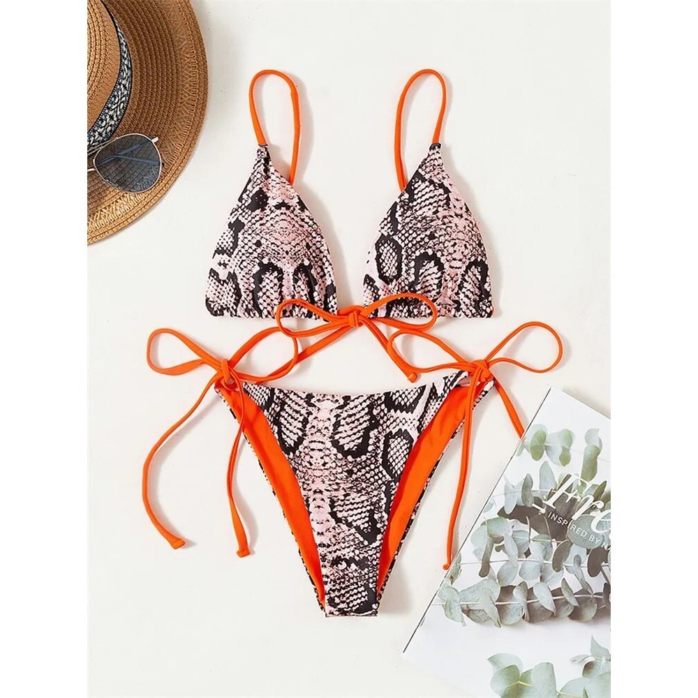 Jual PREORDER Sexy Orange Snake Print Reversible Bikini 2024 Women Lace