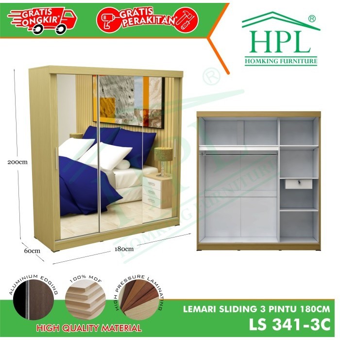 Jual Promo Spesial Lemari Pakaian Sliding Door 3 Pintu HPL Cream Kayu