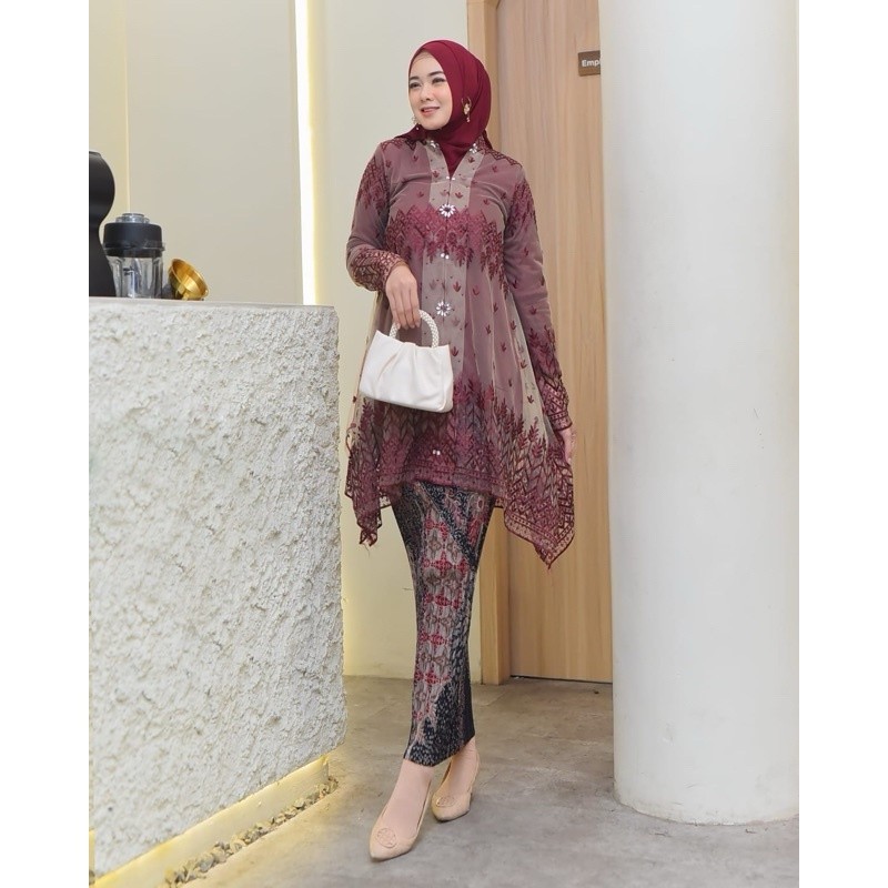 Jual Feeza Setelan Kebaya Tunik Floy Tulle Bordir Mutiara Payet Mewah