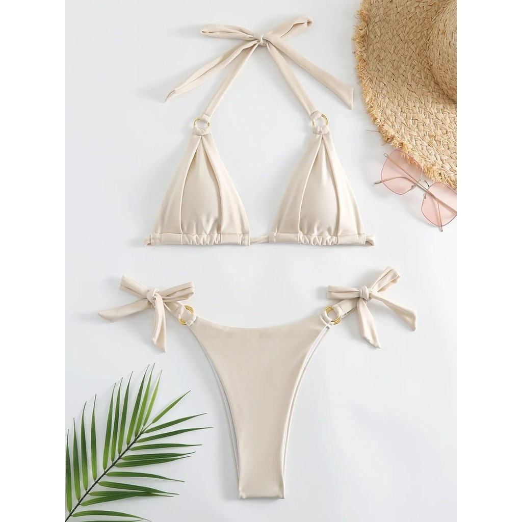 Jual PREORDER Micro Bikini Sexy Women Swimsuit 2024 Solid Beige Halter