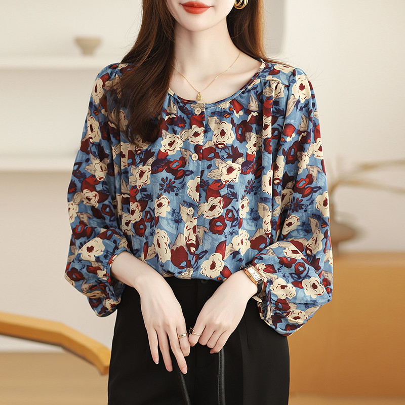 Jual TianShun High Quality Printed Shirt Round Neck Long Sleeve Chiffon