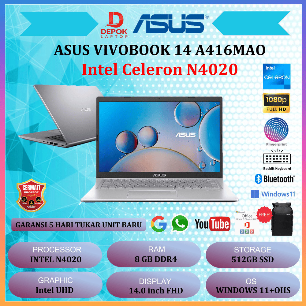 Jual Laptop ASUS VIVOBOOK 14 A416MAO N4020 8GB 256SSD WINDOWS 11 OHS