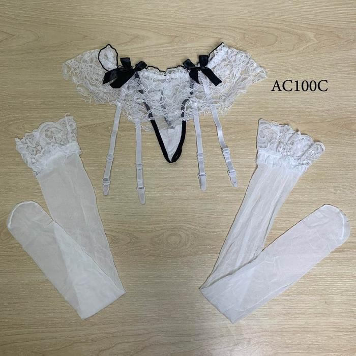 Jual One Set Lingerie Wanita Premium Stocking Belt Garter Renda Putih