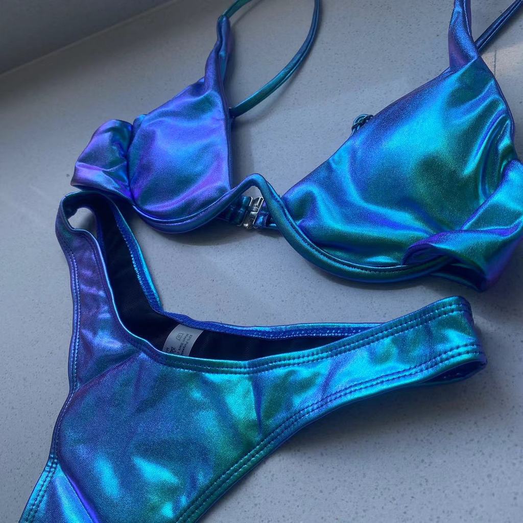 Jual Sexy Triangle Bikini 2022 Holographic Blue Push Up Extreme Thong
