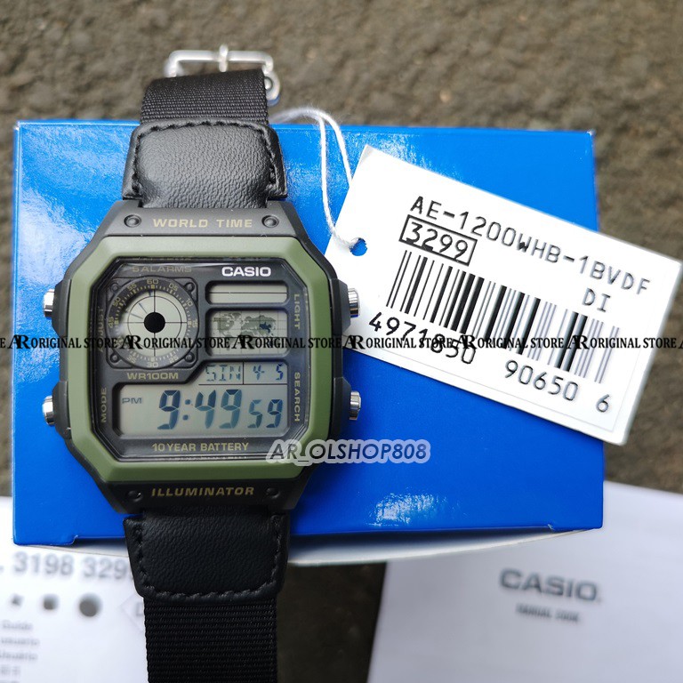 JAM Sport Pria CASIO ORIGINAL AE-1200WHB-3BVDF AE 1200-WHB AE-1200 Hijau  Strap AE1200 AE1200-WHB-3