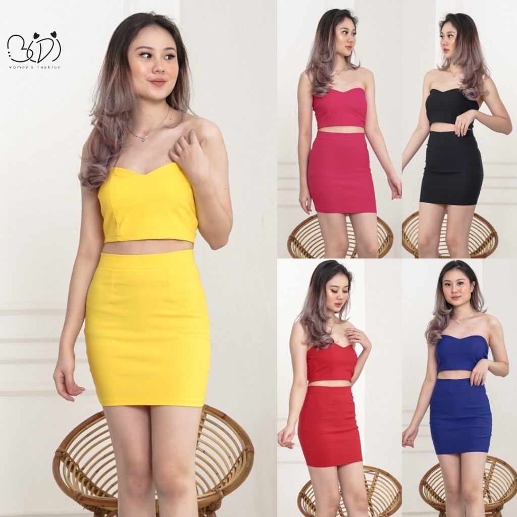 Jual Bidi Bodycon Dress Semi Sweetheart Neck Kemben Set Mini Tube Top Tanpa Lengan Motif Polos