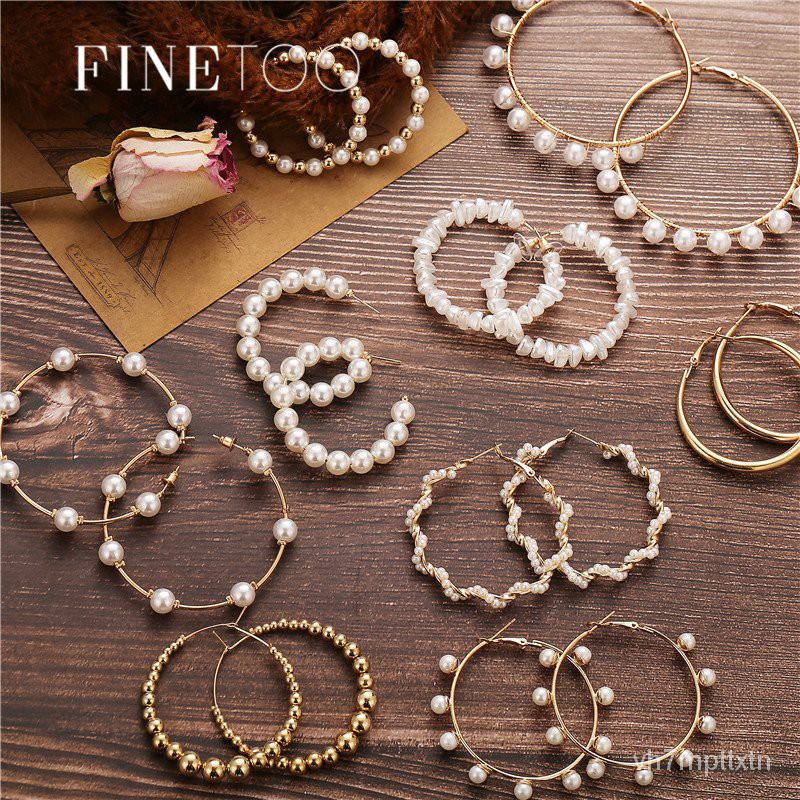 Jual simple plain gold color metal pearl hoop earrings fashion big