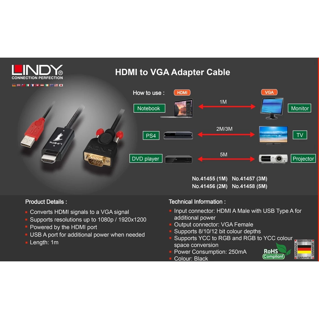LINDY Kabel HDMI to VGA 1M 2M 3M Converter Adapter Cable with USB Power 41455 41456 41457