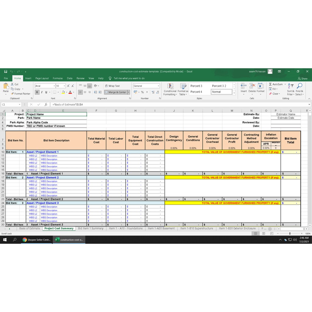 Jual Construction Cost Estimate Template (B.Q) Excel | Shopee Indonesia