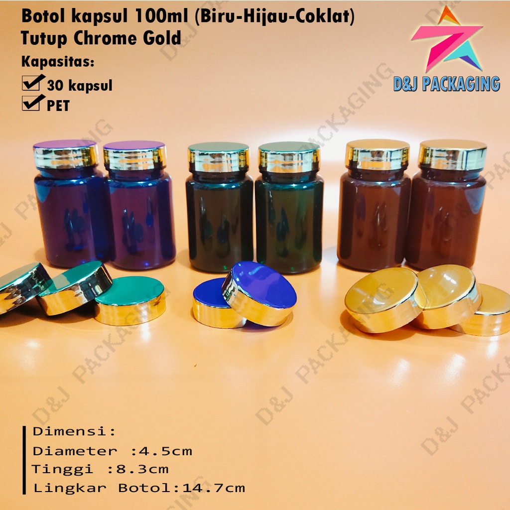 Jual Botol Kapsul Hijau Biru Coklat 100ml Tutup Gold isi 30 + Plug ...