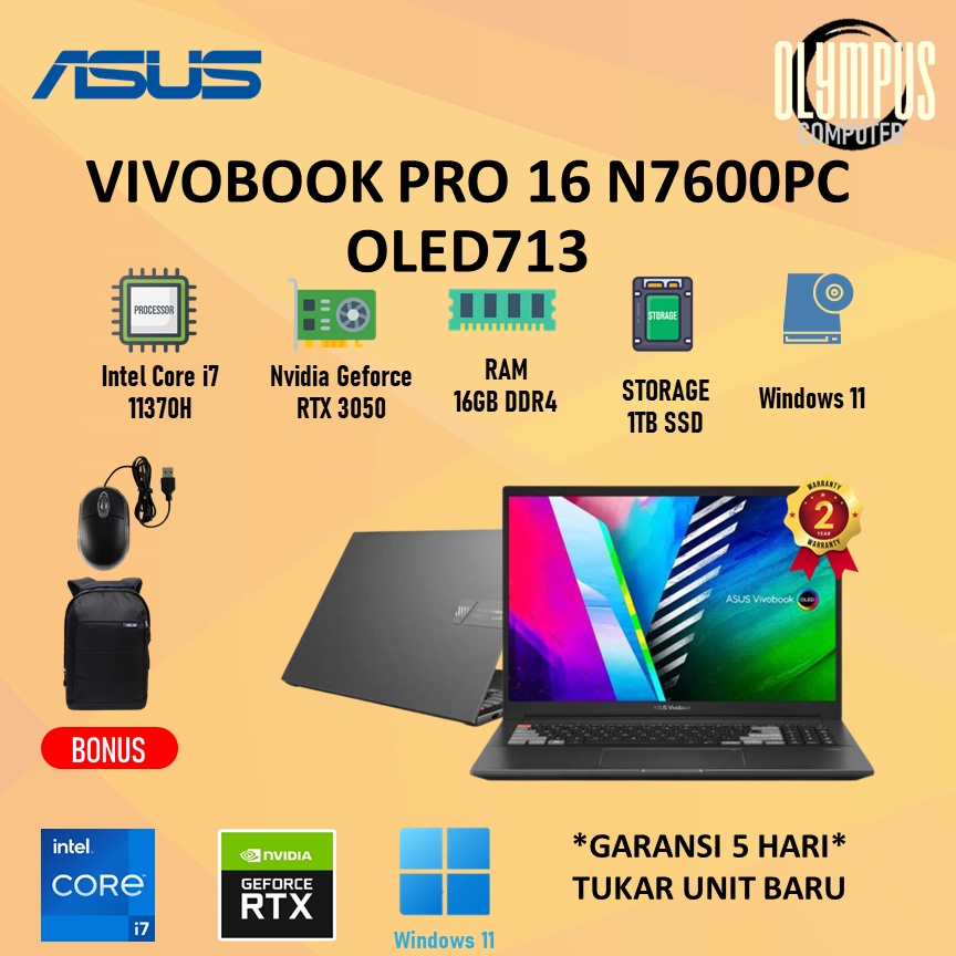 Jual Laptop Asus Vivobook Pro 16 N7600pc Rtx3050 Oled713 4k Oled I7 11370h 16gb 1tbssd W11ohs 6318