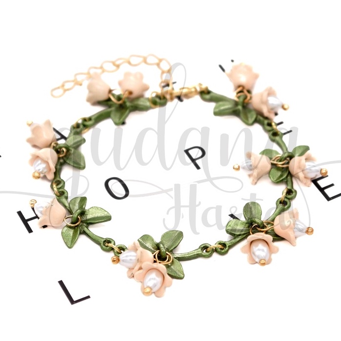 Jual Gelang Pink Flower And Leaves Bangle Motif Bunga Dan Daun GH ...