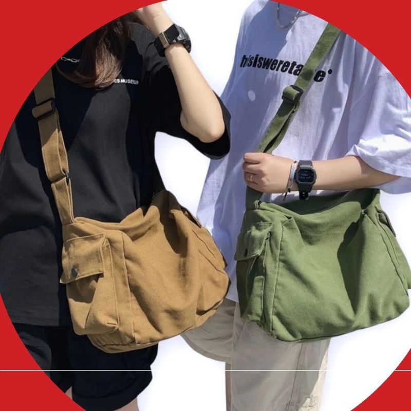 Jual LPSB Extra Large Size Canvas Sling Bag With Pocket Tas Selempang Kanvas Besar Casual Pria Wanita Bahu Shoulder Big Tote Totebag Saku Kancing Resleting Korean Style Kado Hadiah Cewek Cowok Unisex