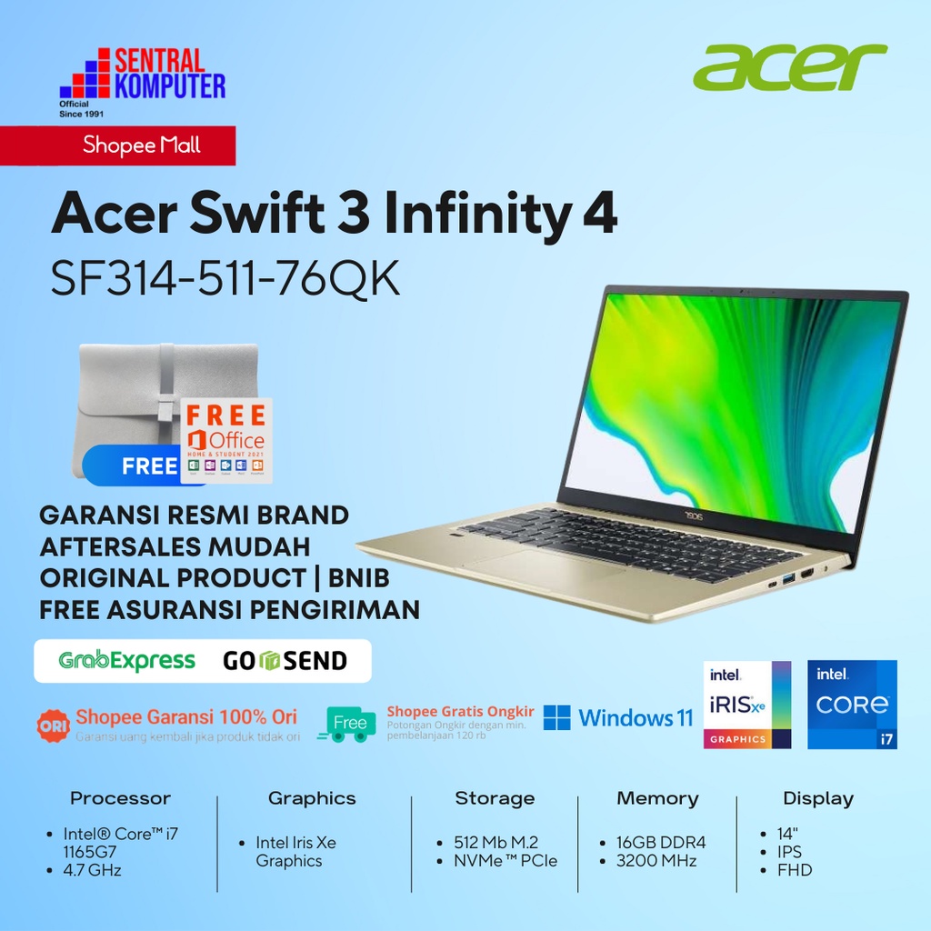 Jual Acer Swift 3 Infinity 4 Sf314 511 76qk I7 1165g7 16gb 512gb Ssd