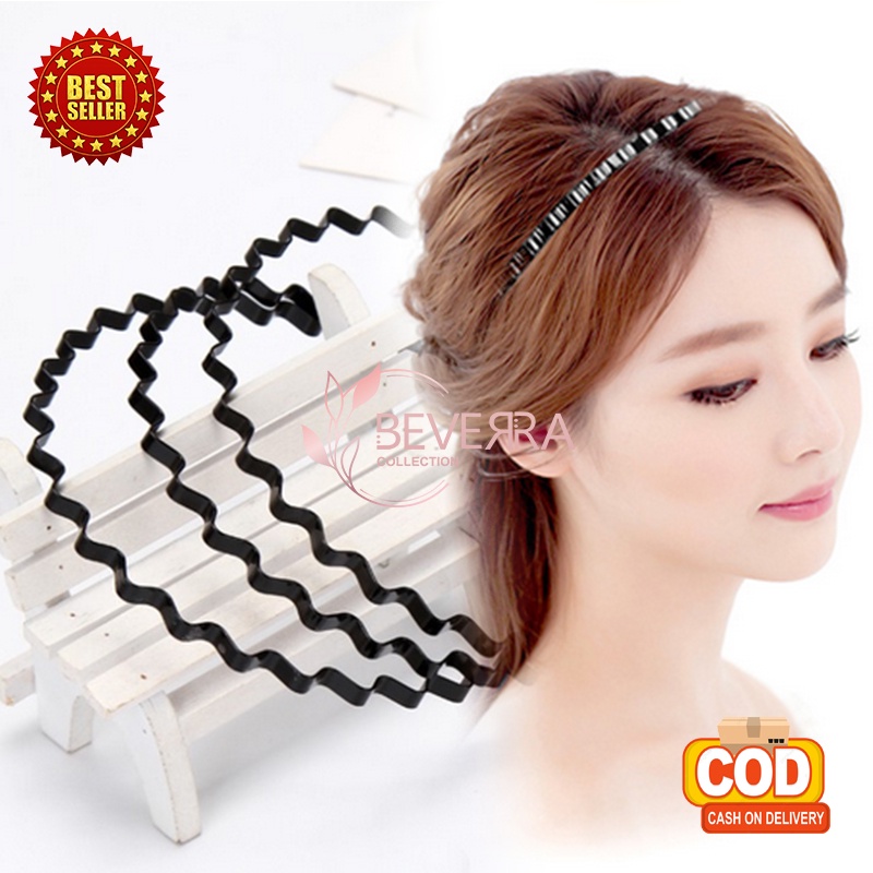 Jual Bando Korea Perempuan Dewasa Bentuk Gelombang Zigzag Hitam Polos Bandana Aksesoris Rambut 