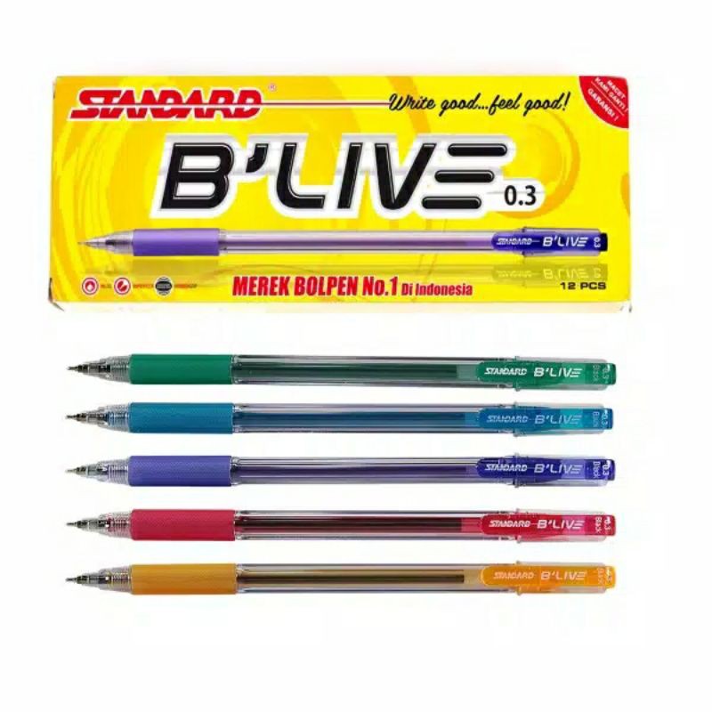 Jual STANDARD Pen B'Live 0.3 Isi 12 Pulpen Blive 0,3 Tinta Biru Bulpen ...