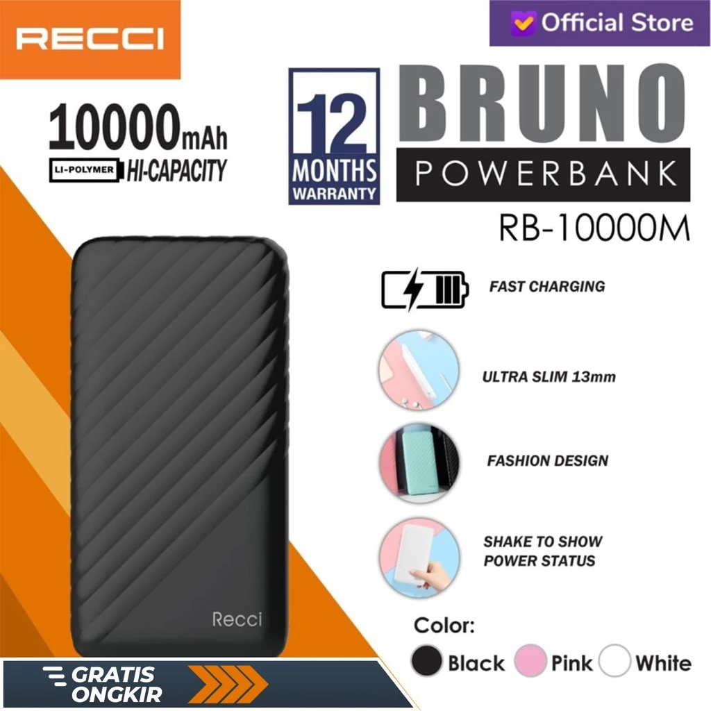 Power Bank Bruno 10000mAh RB-10000 Putih/Pink/Hitam