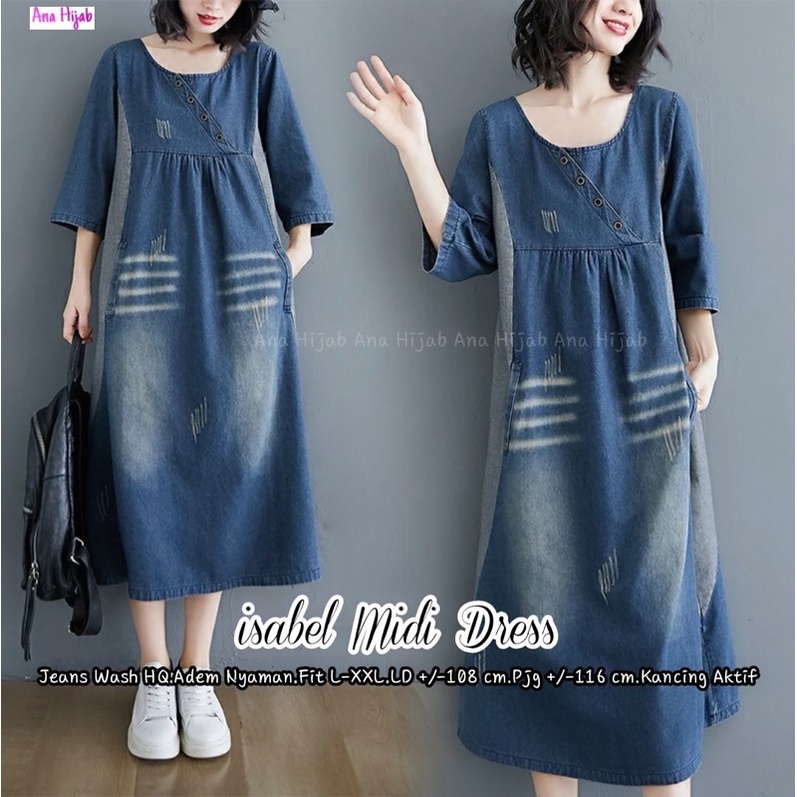 Dress jeans midi import premium wanita cantik terbaru. Dress ibu muda mewah kekinian. Isabel midi dress by Ana hijab