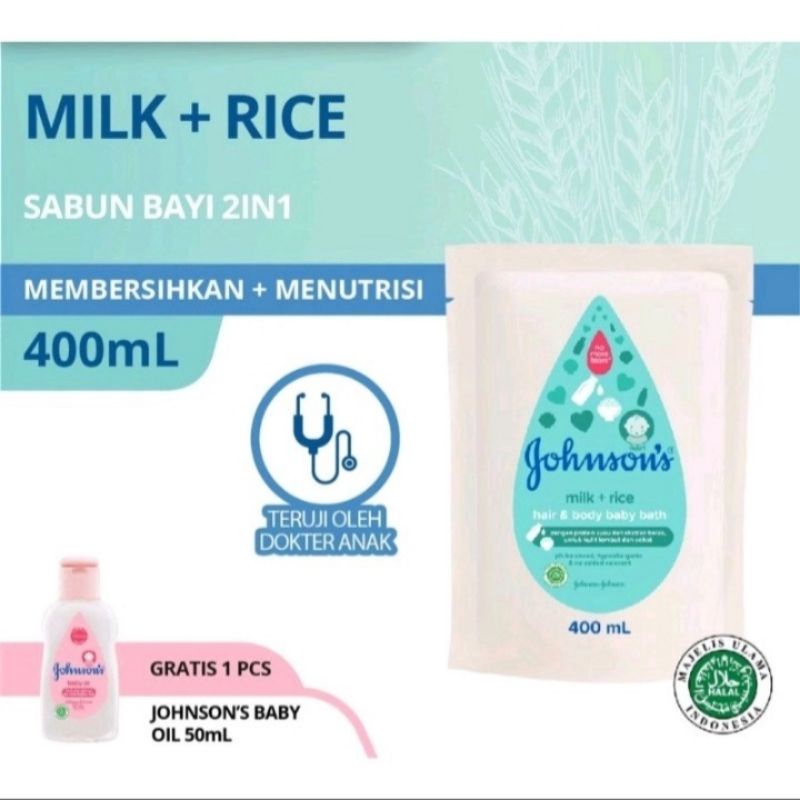 Jual Johnson's Milk & Rice Baby Bath (400ml) + Baby Oil (50ml) | Shopee ...
