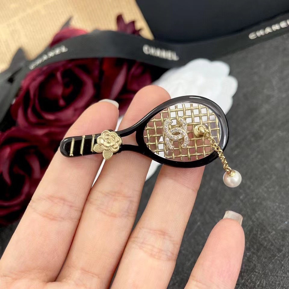 Jual CHANEL iang Black Gold Contrast Tennis Racket Camellia Brooch