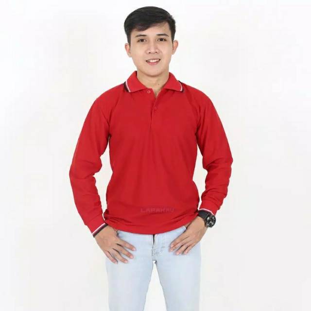 Jual Kaos polo berkerah polos lengan panjang pakai lis warna MERAH pria