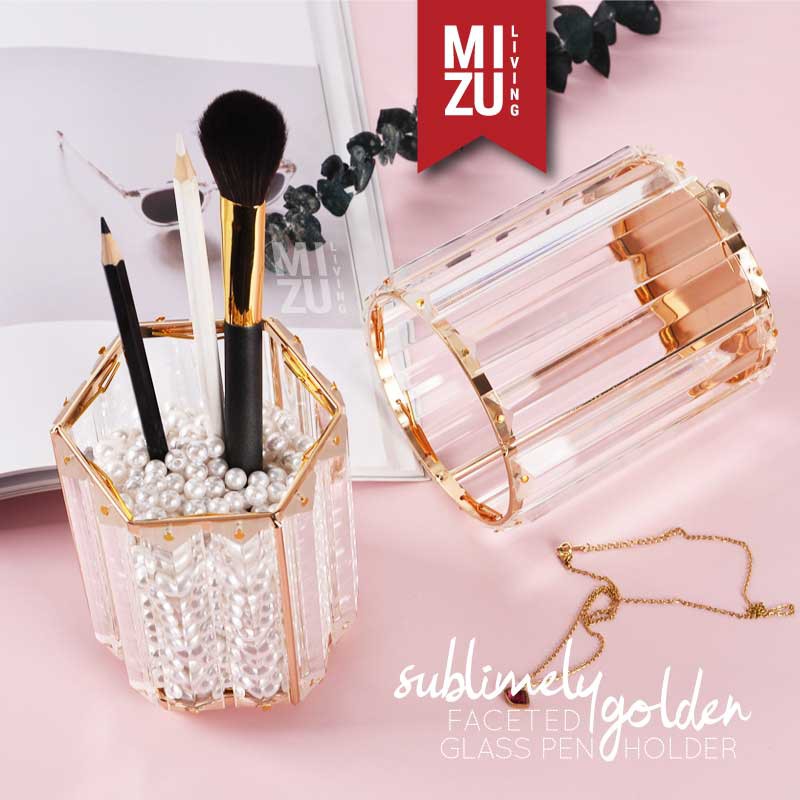 Jual SUBLIMELY GOLDEN FACETED GLASS Pen Holder Glass Stationery Stand