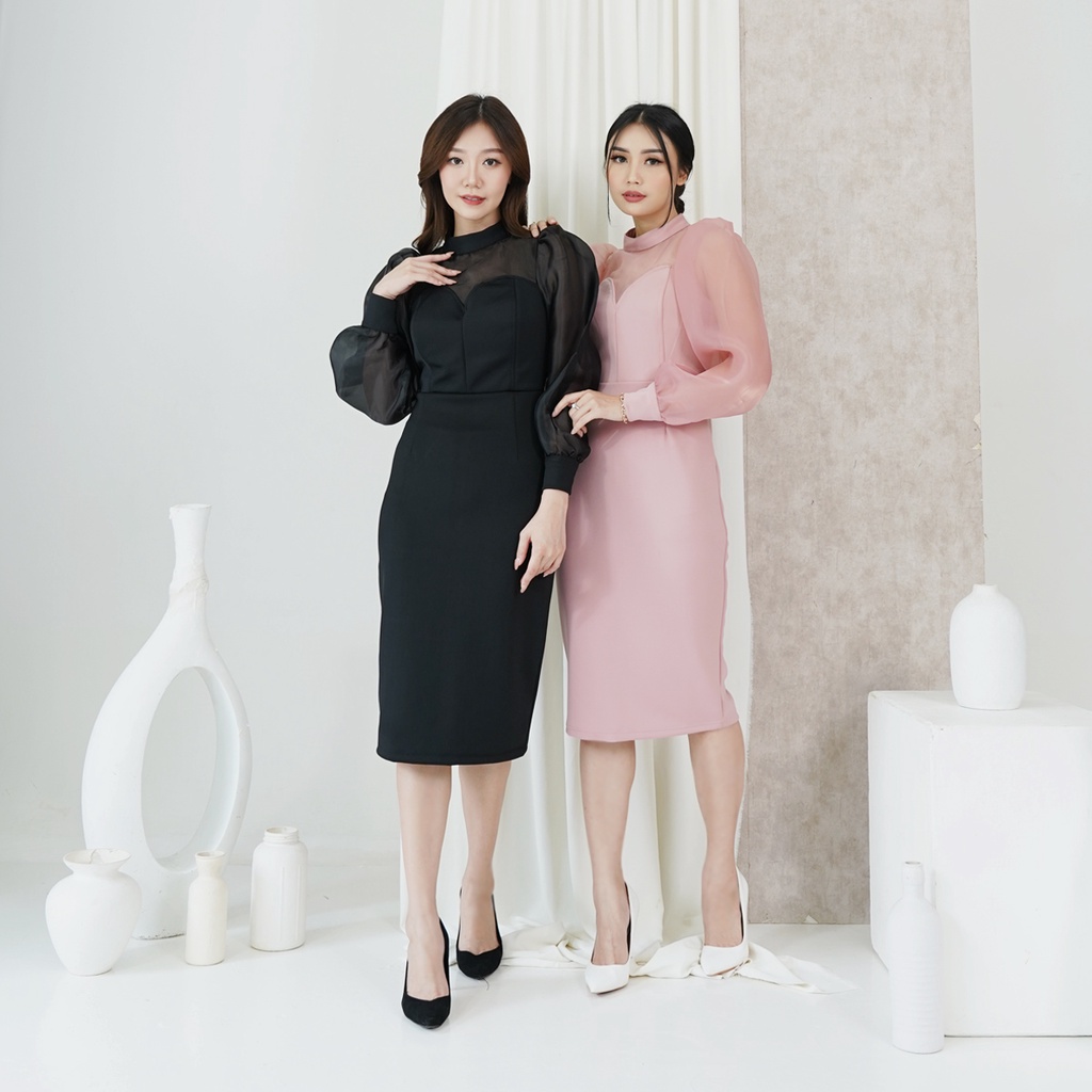 Jual Prisy Halter Bodycon Dress Scuba Organza Long Sleeve Puff CG221006 Shopee Indonesia