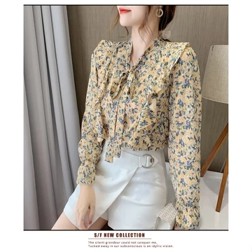 Fashion Korea Style Lengan Panjang Blus Wanita Musim Panas Casual Blouse Motif Bunga Bahan