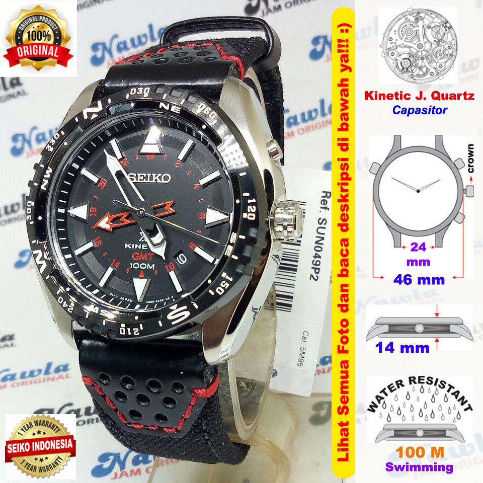 Seiko Prospex SUN049P2 Kinetic GMT Leather Strap Jam Tangan Pria SUN049