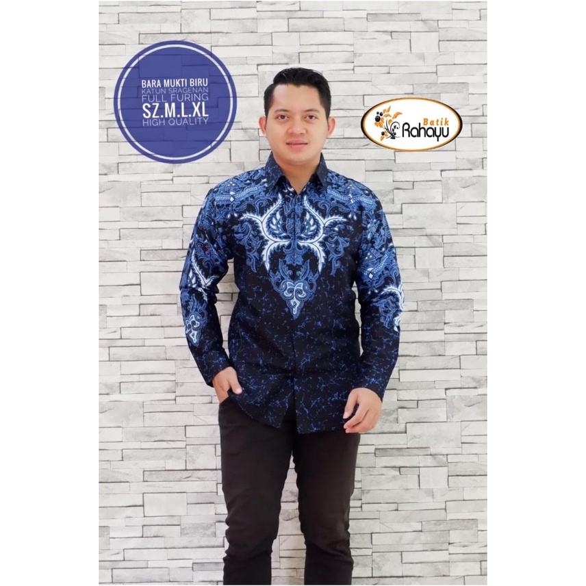 Jual Promo Bara Mukti Biru Kemeja Batik Solo Pria Lengan Panjang Lapis