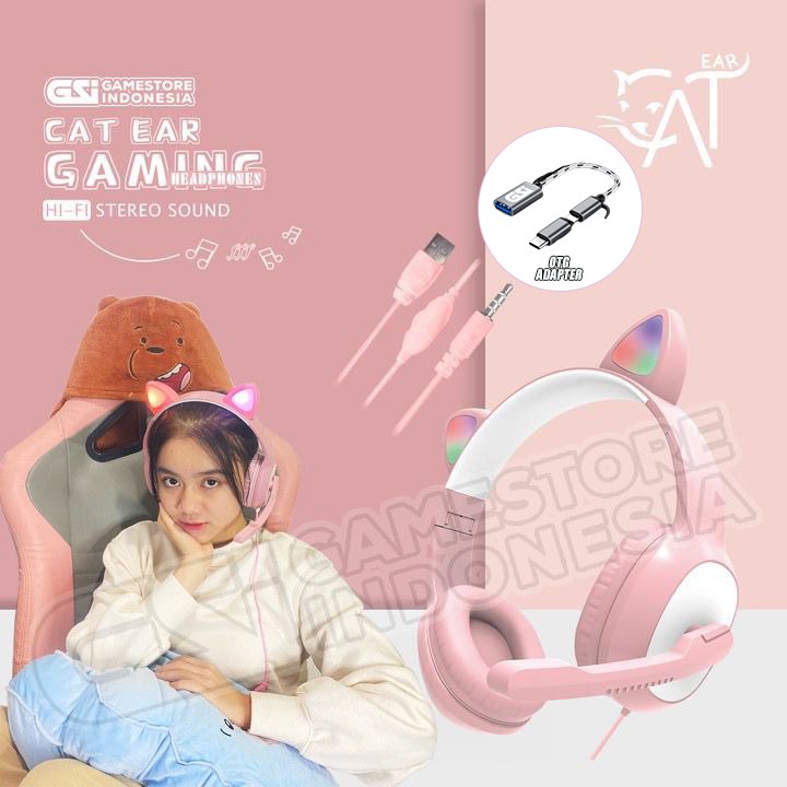 Jual GSI Headset Gaming Kucing LED Imut Telinga Kucing + Microphone Pakai Kabel Shopee Indonesia