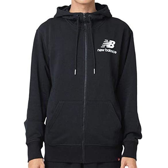 JAKET NEW BALANCE ORIGINAL 100 RESMI ESSENTIALS STACKED LOGO FZ HOODIE BLACK AMJ91549