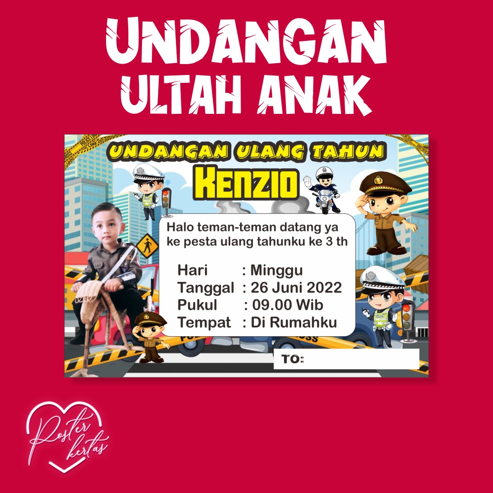 Jual Undangan Ultah Ulang Tahun Anak Cowok Laki Tema Polisi Bahan