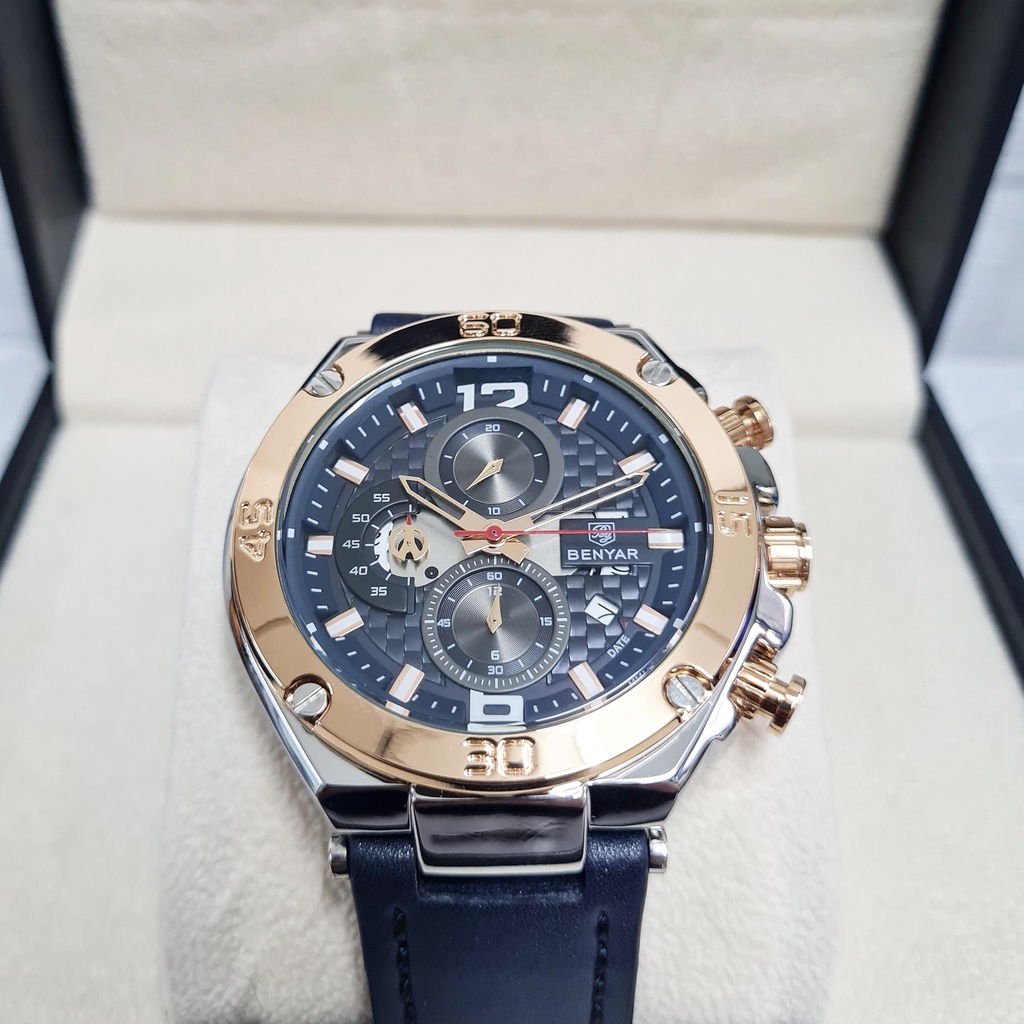 Jual COD Jam Tangan Pria Original BENYAR Fortune Biru Blue Navy Gold Tali Leather Analog Quartz Chrono Aktif Ori Anti Air Water Resist Shopee Indonesia