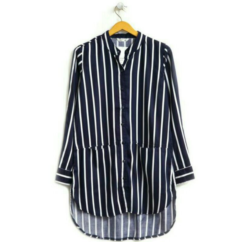 Jual Hnm Kemeja Salur Hitam Putih Wanita Baju Kantor Formal Kerja Cewek