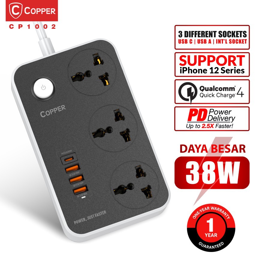 Jual COPPER Power Socket CP1002 USB PD 20W + QC 3.0 Fast Charging ...