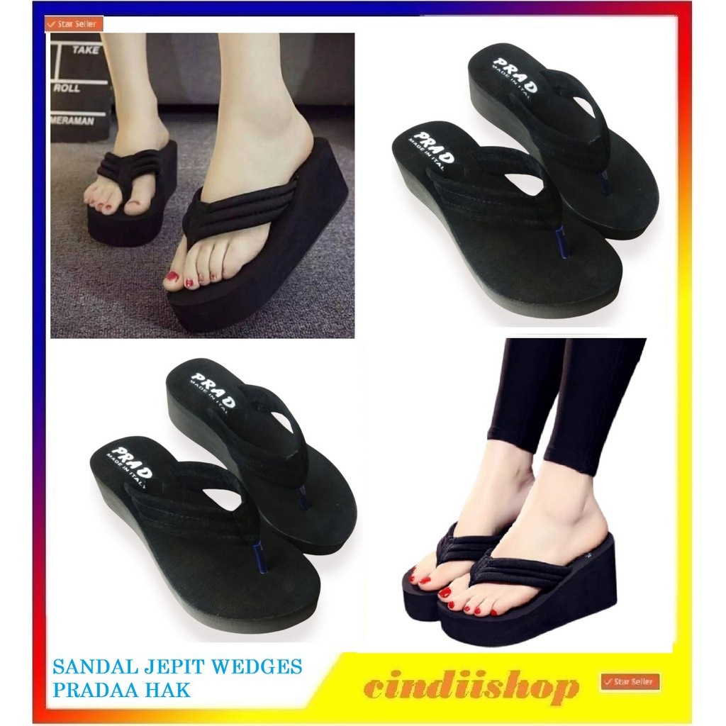 Sandal Wedges Jepit Balok Elegan Wanita Dewasa Sendal Cewek Hak Spon Japit