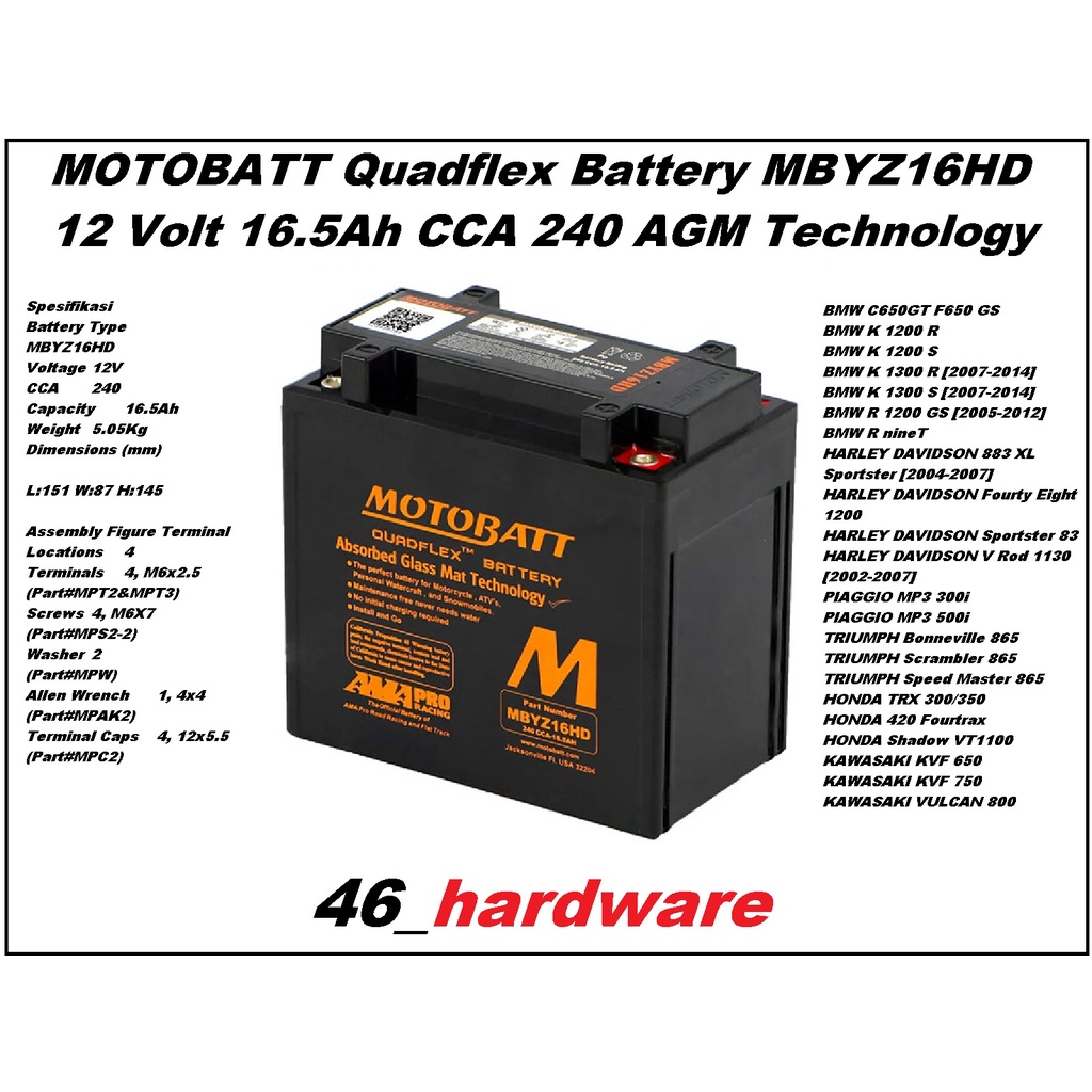 Jual AKI MOTOBATT QUADFLEX MBYZ16HD 12V 16.5Ah CCA 240 Harley BMW R