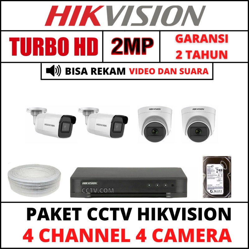 Jual PAKET CCTV HIKVISION 2MP 4 CHANNEL 4 KAMERA 1080P TURBOHD AUDIO