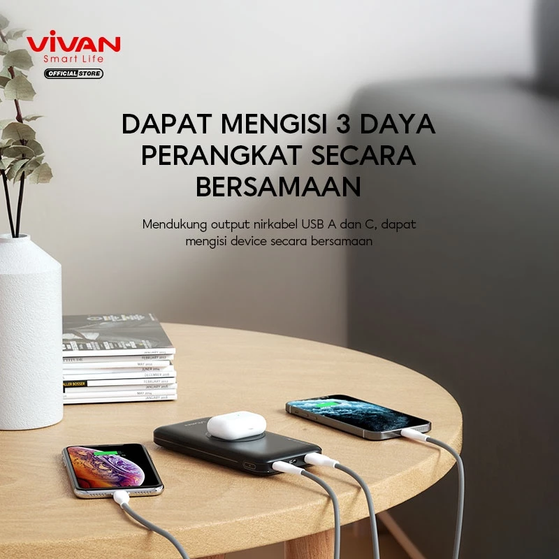 VIVAN Wireless Powerbank 10000 mAh 3 Output Fast Charging 20W PD VPB-W11 Garansi 12 Bulan